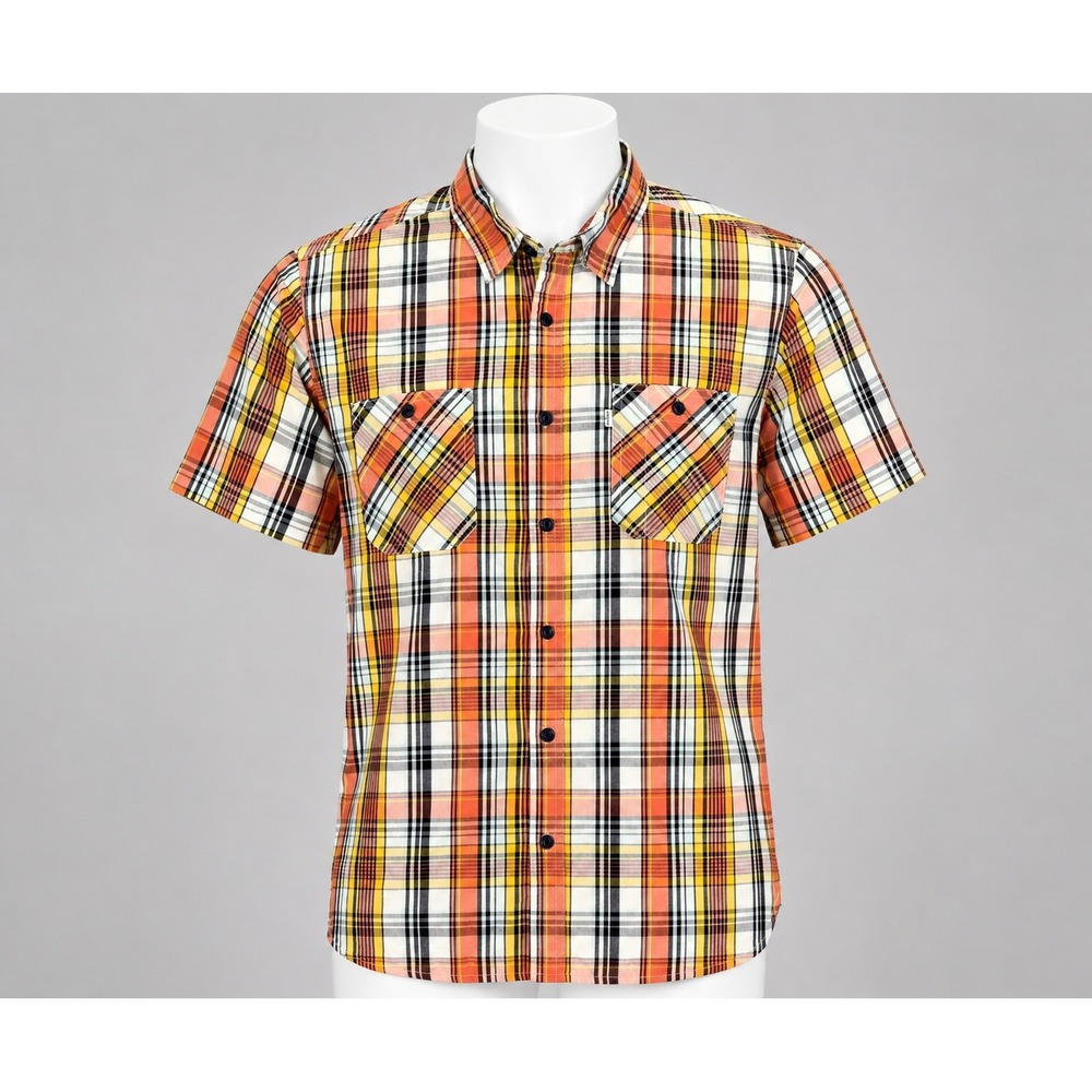 Levi's Men's Large Plaid Short Sleeve Button Up Shirt Orange Yellow Black